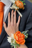 Orange Wrist Corsage and Men Boutonniere Set for Prom Wedding Party