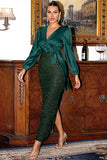 Dark Green Long Sleeves Sequins Mother of the Bride Dress with Slit