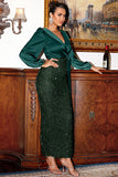 Dark Green Long Sleeves Sequins Mother of the Bride Dress with Slit