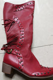 Dark Red Fringed Mid-Calf Boots