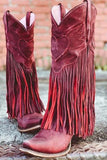 Dark Red Fringed Ankle Boots