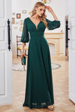 Dark Green A-line Long Sleeves V-neck Mother of Bride Dress