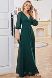 Dark Green A-line Long Sleeves V-neck Mother of Bride Dress