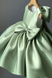 Green A Line Pleated Satin Girl Dress With Bowknot