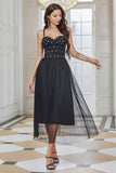 Sparkly Pleated Tulle Little Black Dress with Fringes