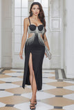 Black Fringed Cut Out Sheath Cocktail Party Dress with Slit