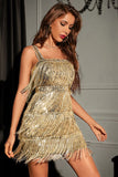 Sparkly Golden Sequins Cocktail Party Dress with Fringes