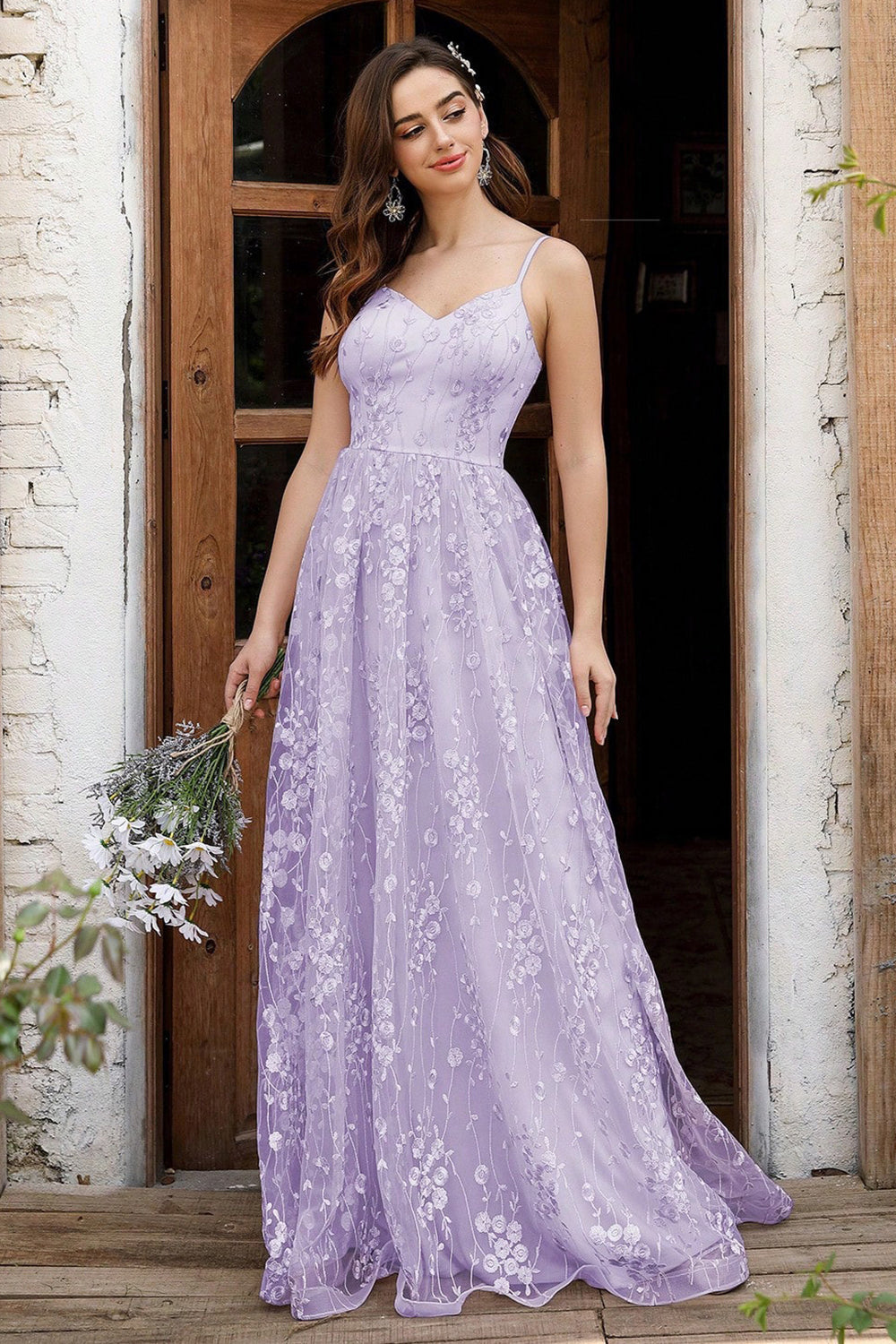 Leely Women Lilac Lace Prom Dress Spaghetti Straps A Line Long Wedding Party Dress leelyuk