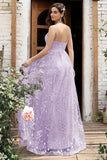 Lilac Spaghetti Straps A Line Lace Prom Dress