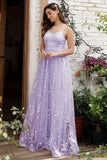 Lilac Spaghetti Straps A Line Lace Prom Dress