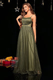 Sparkly A-Line Spaghetti Straps Army Green Formal Dress