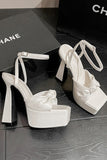 White Chunky High Heel Sandals with Bow