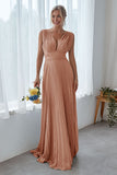 Dolphin Grey A Line V Neck Pleated Long Bridesmaid Dress