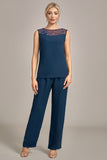 Navy Long Sleeves 3 Pieces Mother of the Bride Pant Suits