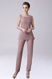 Dusty Rose 3 Pieces Chiffon Mother of Bride Pant Suits