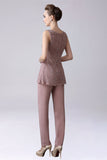 Dusty Rose 3 Pieces Chiffon Mother of Bride Pant Suits