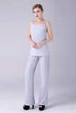 Silver 3 Pieces Long Sleeves Mother of the Bride Pant Suits