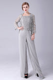 Silver Jumpsuit/Pantsuit Separates Lace Chiffon Mother of the Bride Dress