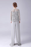 Silver Jumpsuit/Pantsuit Separates Lace Chiffon Mother of the Bride Dress