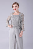 Silver Jumpsuit/Pantsuit Separates Lace Chiffon Mother of the Bride Dress