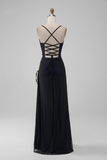 Elegant Black Blue Spaghetti Straps Sheath Bridesmaid Dress with Lace Up Back
