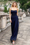 Black Blue Mermaid Spaghetti Straps Wedding Guest Dress with Slit