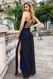 Black Blue Mermaid Spaghetti Straps Long Bridesmaid Dress with Slit