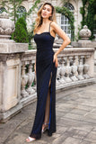 Black Blue Mermaid Spaghetti Straps Long Bridesmaid Dress with Slit