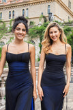 Elegant Black Blue Spaghetti Straps Sheath Bridesmaid Dress with Lace Up Back