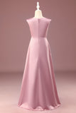 Dusty Rose Satin A-line Pleated V-neck Long Junior Bridesmaid Dress