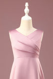 Dusty Rose Satin A-line Pleated V-neck Long Junior Bridesmaid Dress