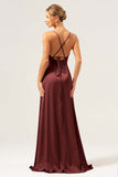 Martini A-Line Spaghetti Straps Satin Bridesmaid Dress with Slit