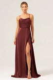 Martini A-Line Spaghetti Straps Satin Bridesmaid Dress with Slit