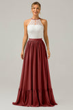 Cabernet A-Line Halter Pleated Keyhole Chiffon Bridesmaid Dress With Lace