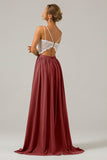 Cabernet A-Line Spaghetti Straps Pleated Long Bridesmaid Dress With Lace