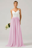 Cabernet A-Line Spaghetti Straps Pleated Long Bridesmaid Dress With Lace
