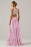 Cabernet A-Line Halter Pleated Keyhole Chiffon Bridesmaid Dress With Lace