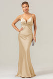 Champagne Spaghetti Straps Satin Mermaid Bridesmaid Dress with Hollow-Out Back