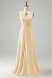 Yellow A Line Halter Cut Out Backless Satin Bridesmaid Dress