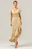 Black V Neck Satin Ruffled Asymmetrical Bridesmaid Dress with Slit