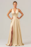 Peacock A Line Lace-Up Back Satin Bridesmaid Dress with Slit