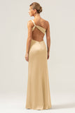 Olive One Shoulder Mermaid Satin Backless Bridesmaid Dress