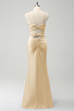 Elegant Champagne Mermaid Spaghetti Straps Twist Front Bridesmaid Dress