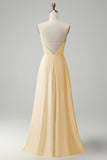 Yellow A Line Halter Cut Out Backless Satin Bridesmaid Dress