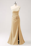 Olive One Shoulder Mermaid Satin Bridesmaid Dress with Slit