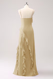 Tahiti Spaghetti Straps Ruffled Sheath Bridesmaid Dress with Slit