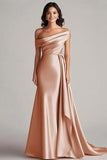 Champagne Satin Mermaid Sweep Train Formal Dress with Side Cape