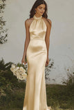 Elegant Light Yellow Sheath Halter Maxi Satin Bridesmaid Dress