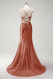 Fuchsia Spaghetti Straps Beaded Satin Mermaid Prom Dress with Slit