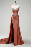 Dark Green Spaghetti Straps Side Cape Mermaid Satin Prom Dress with Slit